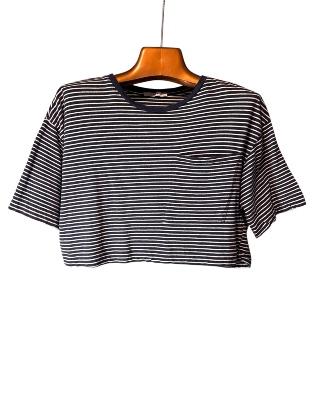 Zara Navy and White Striped Crop Top with Pocket